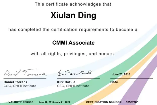 全国CMMI Associate第一人——1号娱乐科技丁秀兰